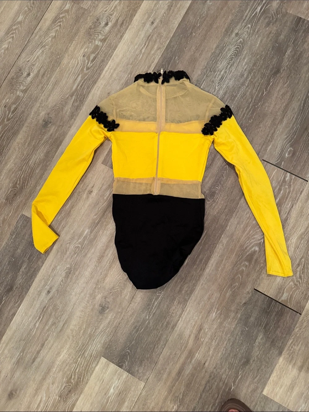Kelle- Yellow and Black Long-Sleeve Kids Dance Leotard with Sheer Yoke